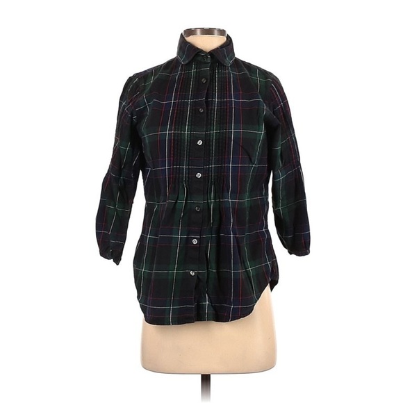 Gap Button Down Dark Green Plaid Pleated - Picture 1 of 11